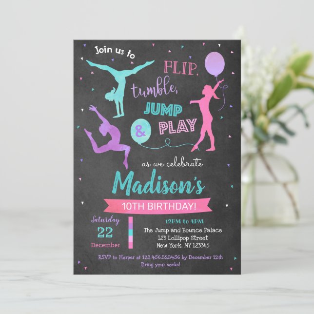 Gymnastics Birthday Party Invitation for Girl  (Standing Front)