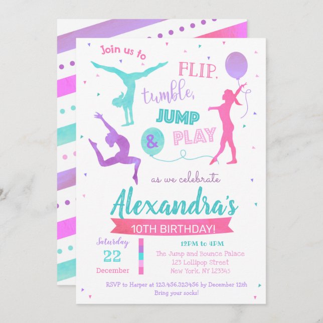 Gymnastics Birthday Party Invitation for Girl  (Front/Back)
