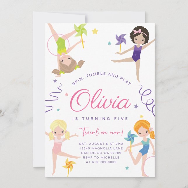 Gymnastics Birthday Party Invitation • Pinwheels (Front)