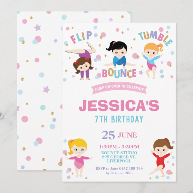 Gymnastics Birthday Party Jump Dance Girls Invitation (Front/Back)