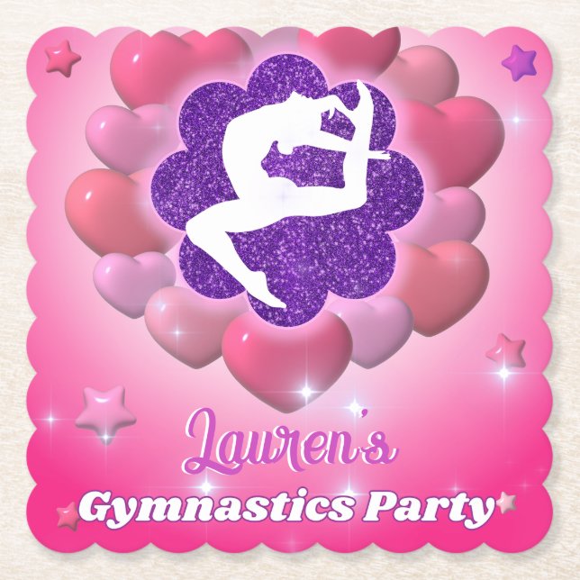 Gymnastics Birthday Party Pink Purple Heart Star Paper Coaster (Front)