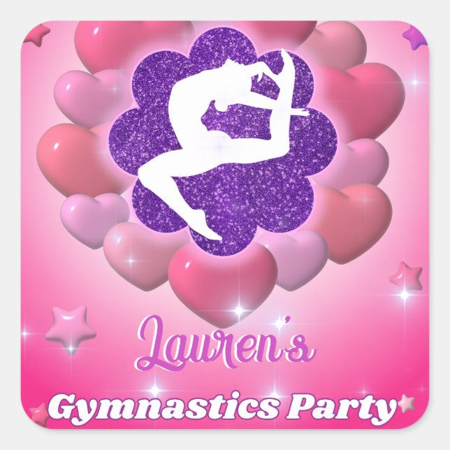 Gymnastics Birthday Party Pink Purple Heart Star Square Sticker (Front)