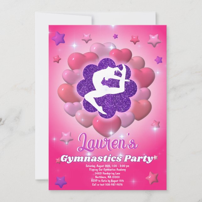 Gymnastics Birthday Party Pink Purple Invitation (Front)
