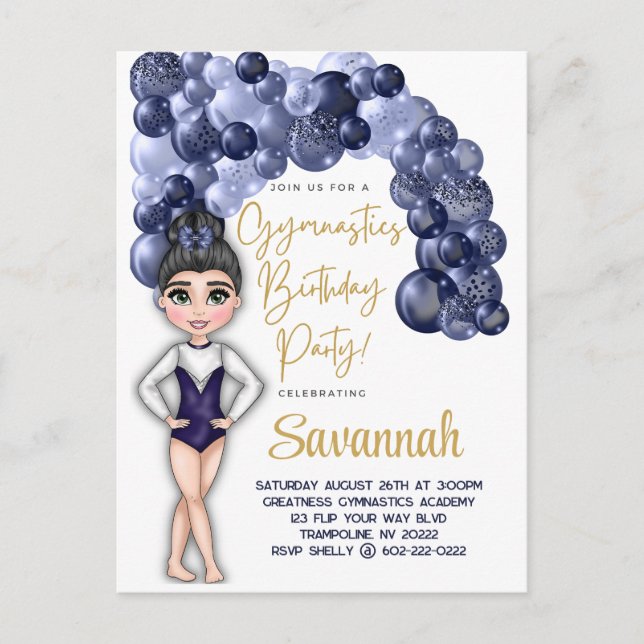 Gymnastics Birthday Party with Blue Balloon Arch Postcard (Front)