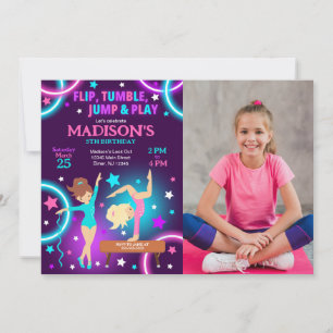 Gymnastics Birthday Photo Invitation Neon Party