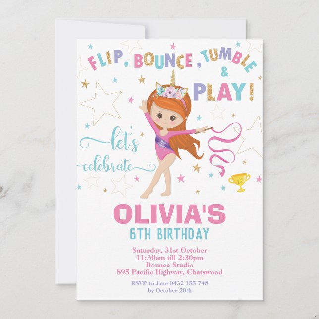 Gymnastics Birthday Unicorn Girl Gymnastics Party Invitation (Front)
