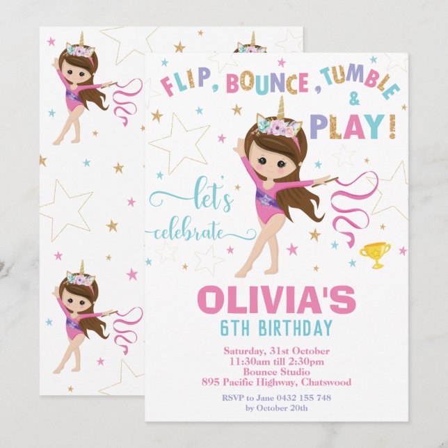 Gymnastics Birthday Unicorn Girl Gymnastics Party Invitation (Front/Back)