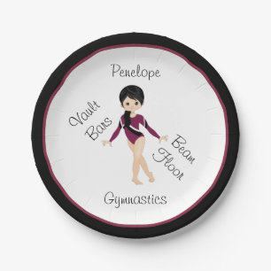 Gymnastics Black Hair, Brown Eyes, Burgundy Leo Paper Plate