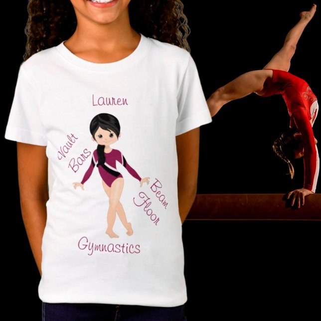 Gymnastics Black Hair, Brown Eyes, Burgundy Leo   T-Shirt (Creator Uploaded)