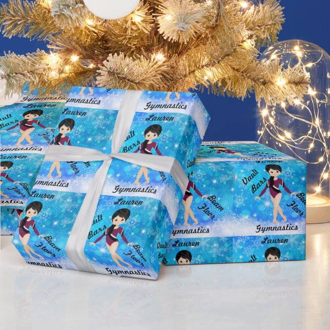 Gymnastics Black Hair, Brown Eyes, Burgundy Leo   Wrapping Paper (Holidays)