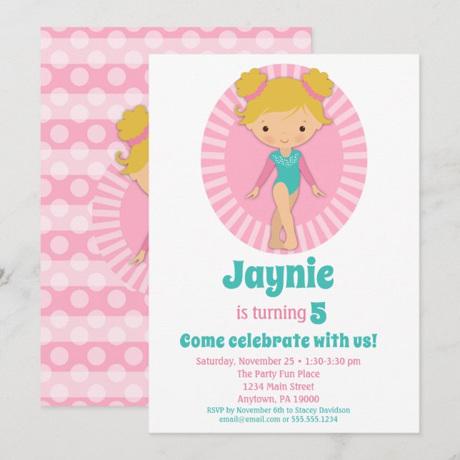 Gymnastics - Blonde Gymnast Pink Birthday Party Invitation (Front/Back)