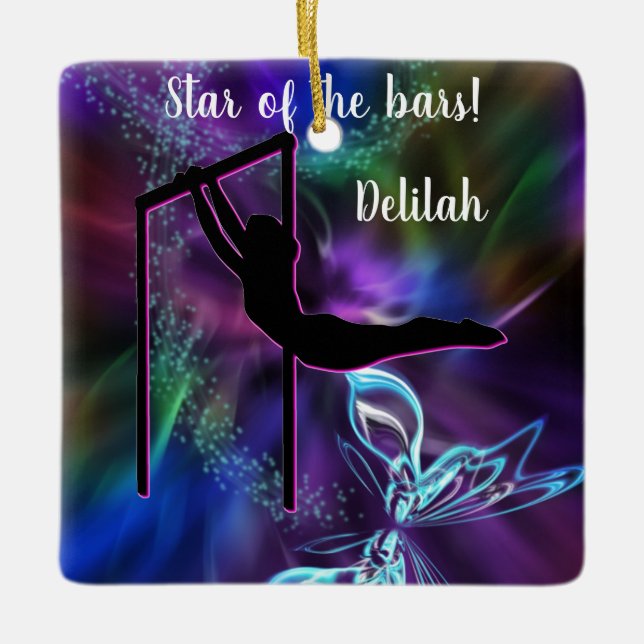 Gymnastics Butterfly Star of the Bars Personalised Ceramic Ornament (Front)
