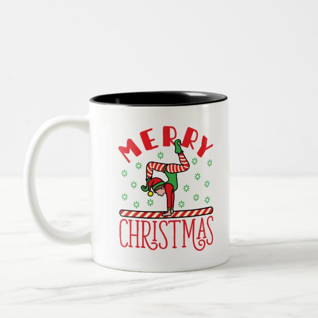 Gymnastics Christmas Elf on Beam Two-Tone Coffee Mug (Left)