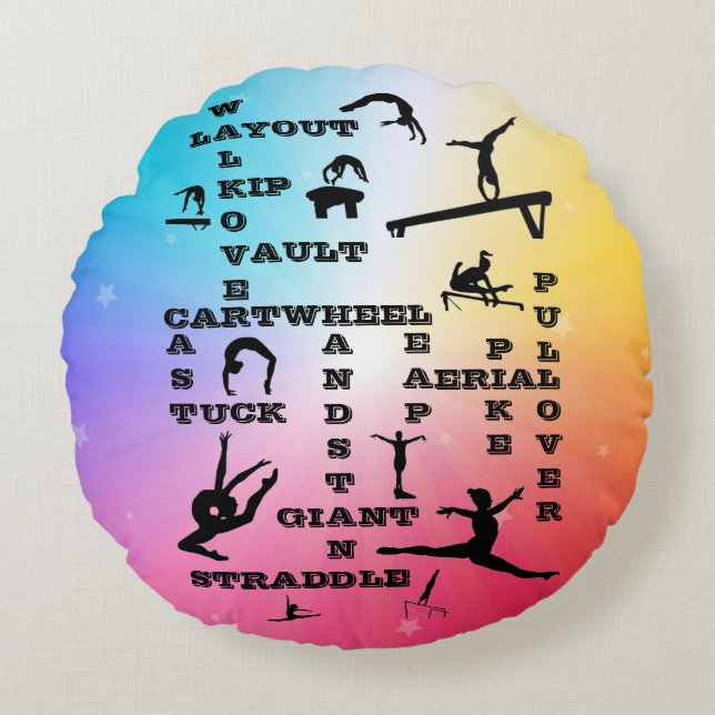 Gymnastics Crosswords Rainbow Stars Round Pillow (Front)