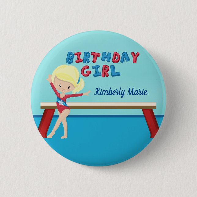 Gymnastics Custom Blonde Girl Birthday Party 6 Cm Round Badge (Front)