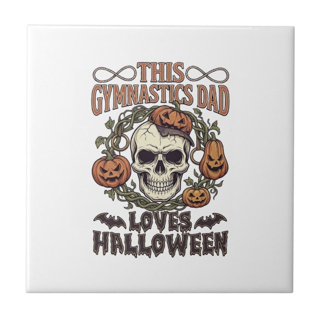 Gymnastics Dad Loves Halloween Skull Pumpkins Bats Tile (Front)