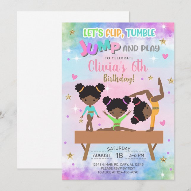 Gymnastics flip tumble jump & play girl birthday. invitation (Front/Back)