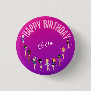 Gymnastics Friends "Happy Birthday" Pink Purple   3 Cm Round Badge