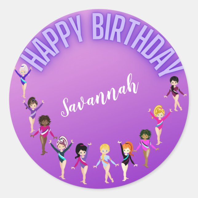 Gymnastics Friends "Happy Birthday" Purple Ombre   Classic Round Sticker (Front)