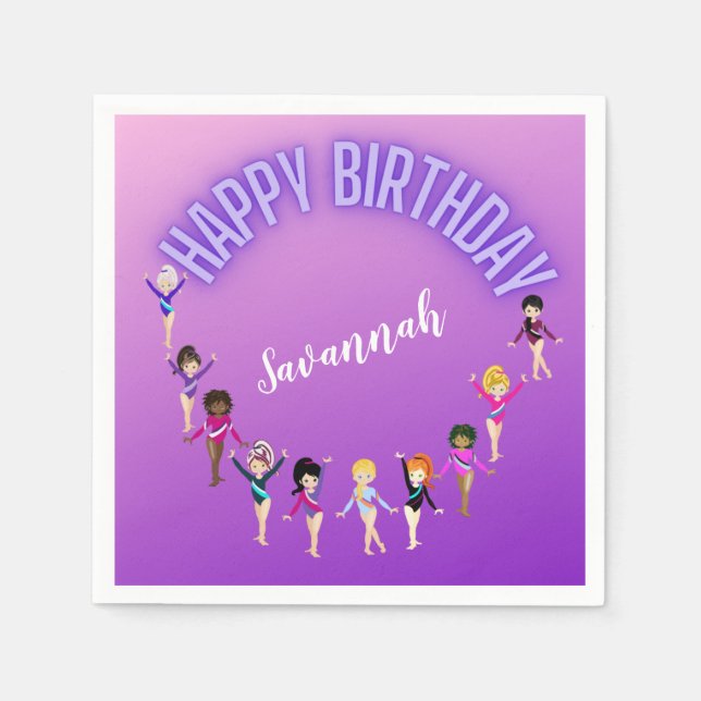 Gymnastics Friends "Happy Birthday" Purple Ombre   Napkin (Front)