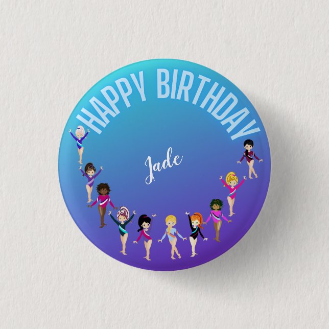 Gymnastics Friends "Happy Birthday" Turquoise   3 Cm Round Badge (Front)