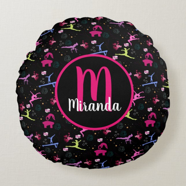 Gymnastics Fun Print Monogrammed  Round Cushion (Front)