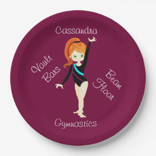 Gymnastics Ginger Hair, Green Eyes, Black Leo Paper Plate