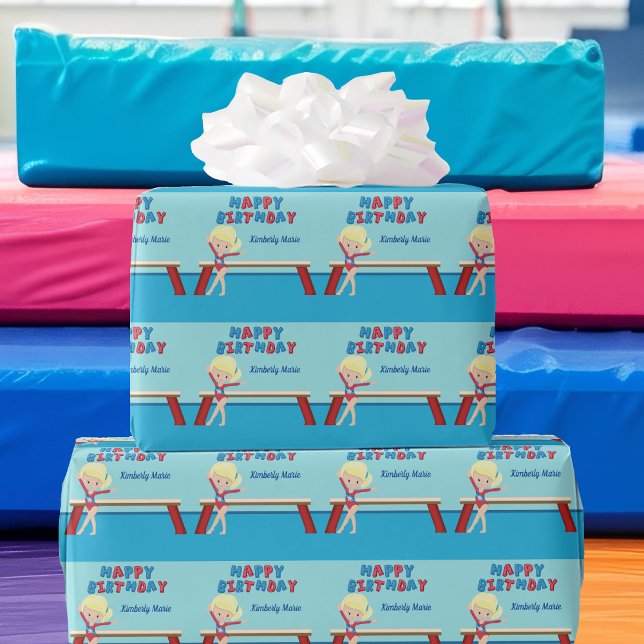 Gymnastics Girl Cute Blonde Gymnast Happy Birthday Wrapping Paper (Creator Uploaded)