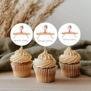 Gymnastics girl on beam pink and white birthday classic round sticker