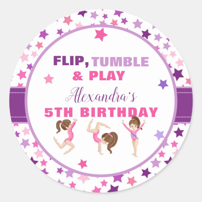 Gymnastics Girl Stars Birthday Party Classic Round Sticker (Front)