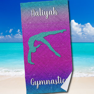 Gymnastics Girl Turquoise Magenta Ombre Beach Towel