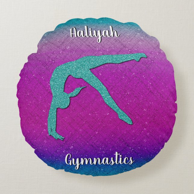 Gymnastics Girl Turquoise Magenta Ombre Round Cushion (Front)