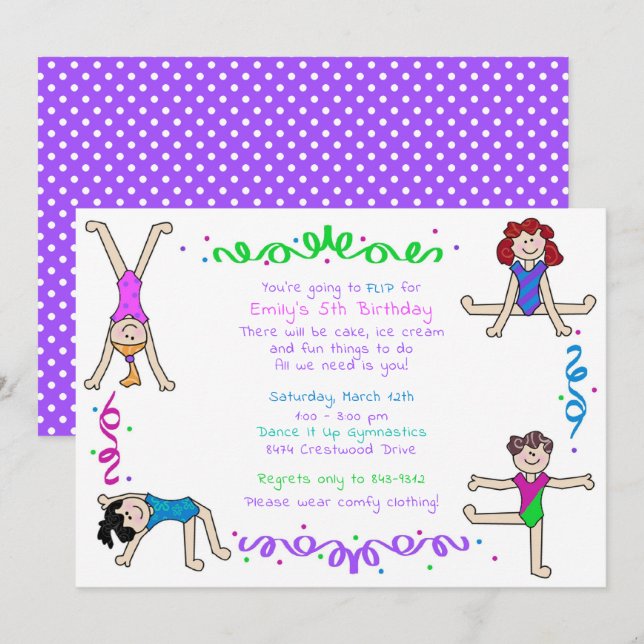 Gymnastics Girls Tumbling Party Gymnast Kids  Invitation (Front/Back)