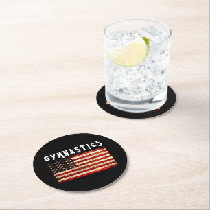 Gymnastics Grunge American USA Flag Round Paper Coaster