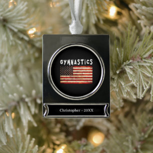 Gymnastics Grunge American USA Flag Silver Plated Banner Ornament