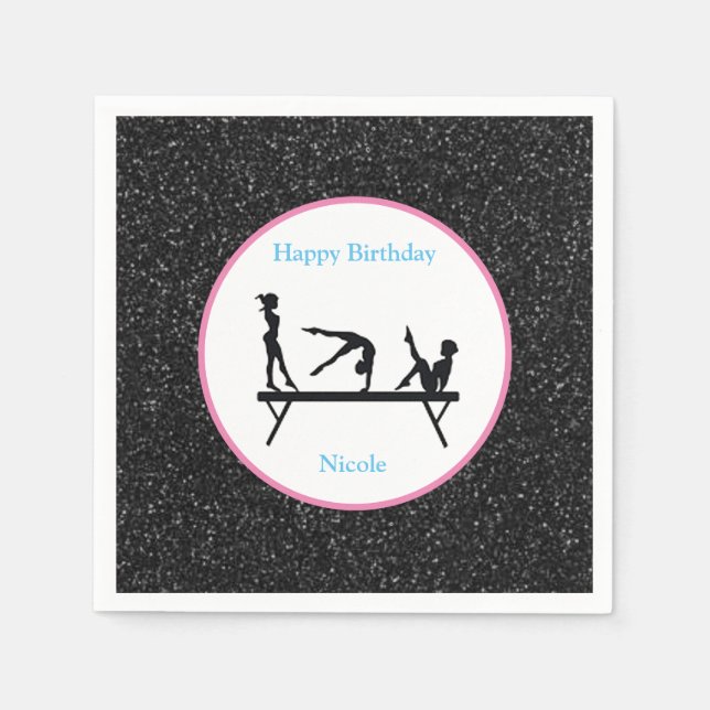 Gymnastics "Happy Birthday" Black Sparkle Napkin (Front)