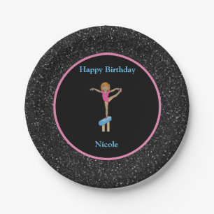 Gymnastics "Happy Birthday" Black Sparkle Paper Plate