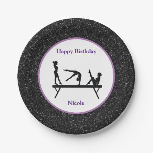 Gymnastics "Happy Birthday" Black Sparkle Paper Plate