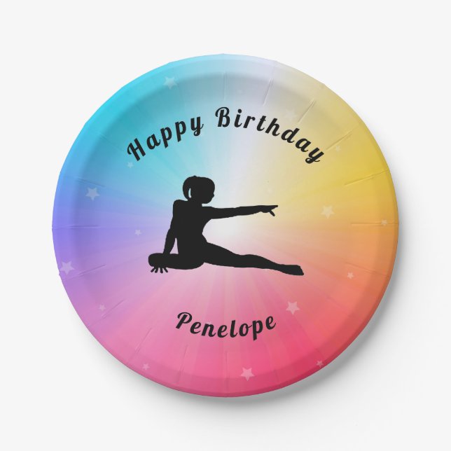 Gymnastics Happy Birthday Rainbow Paper Plates (Front)