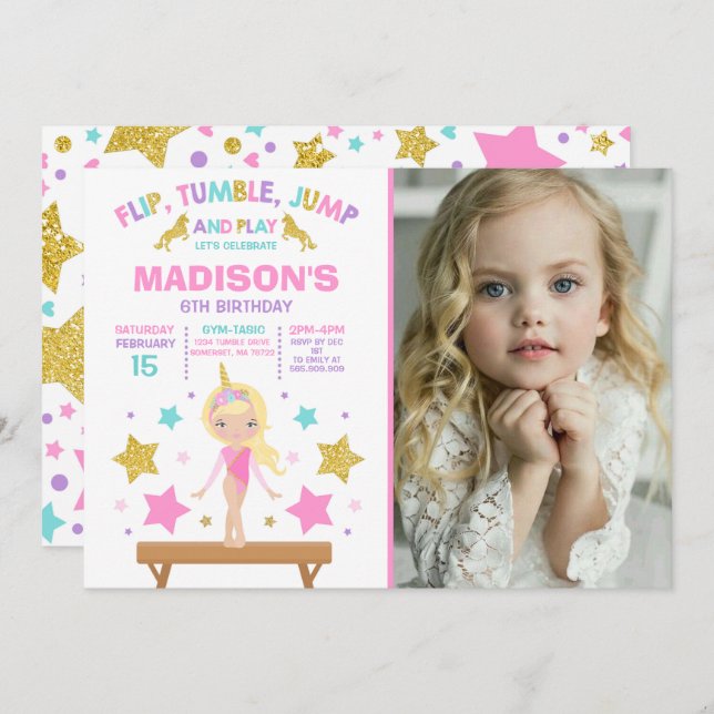 Gymnastics Invitation Unicorn Gymnastics Party (Front/Back)