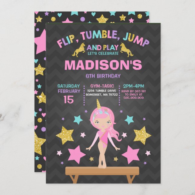 Gymnastics Invitation Unicorn Gymnastics Party (Front/Back)