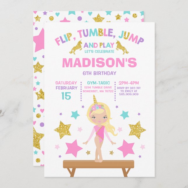 Gymnastics Invitation Unicorn Gymnastics Party (Front/Back)