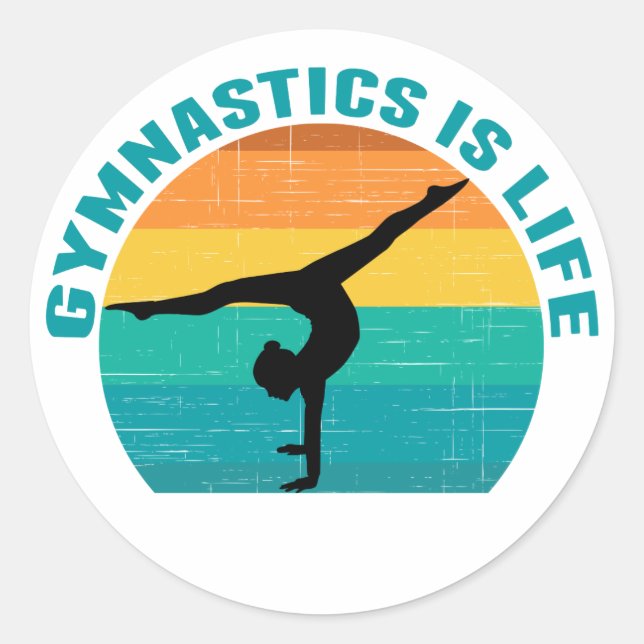 Gymnastics is Life Beautiful Sunset Gymnast Teal Classic Round Sticker (Front)