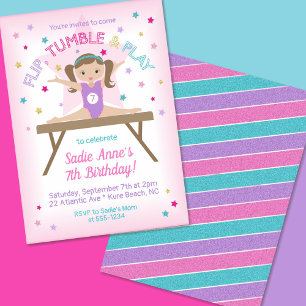Gymnastics Jump Birthday Party Brunette Invitation