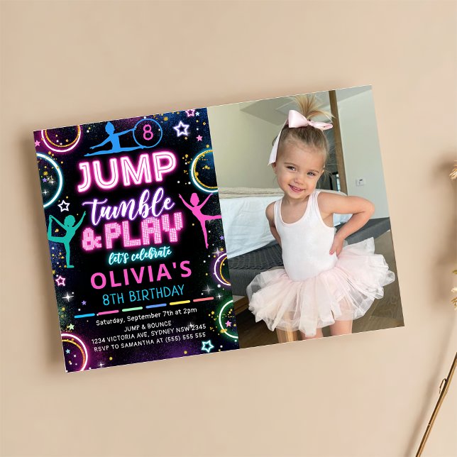 Gymnastics Jump Birthday Party Photo Invitation (Creator Uploaded)