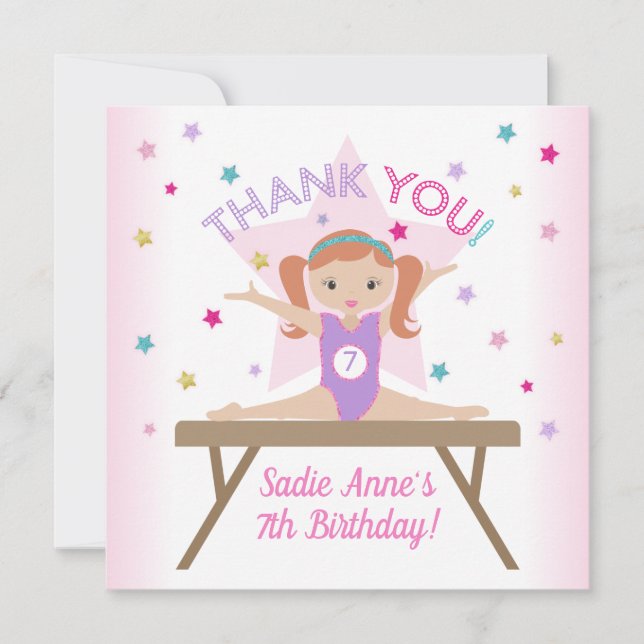 Gymnastics Jump Birthday Party Red Hair Thank You Invitation (Front)