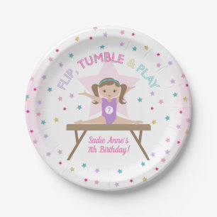 Gymnastics Jump Cute Brown Hair Birthday Party Paper Plate