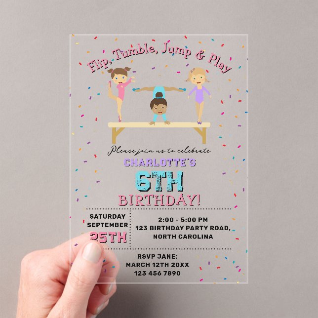 Gymnastics Kids Girl Birthday Party Theme Clear Acrylic Invitations (Insitu (Handheld))