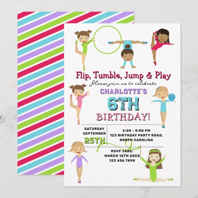 Gymnastics Kids Girl Birthday Party Theme Invitation (Front/Back)
