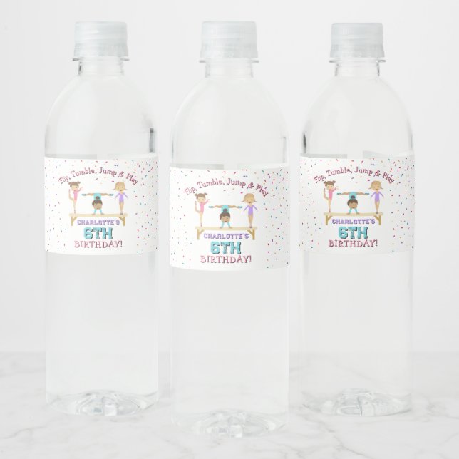 Gymnastics Kids Girl Birthday Party Theme Water Bottle Label (Bottles)